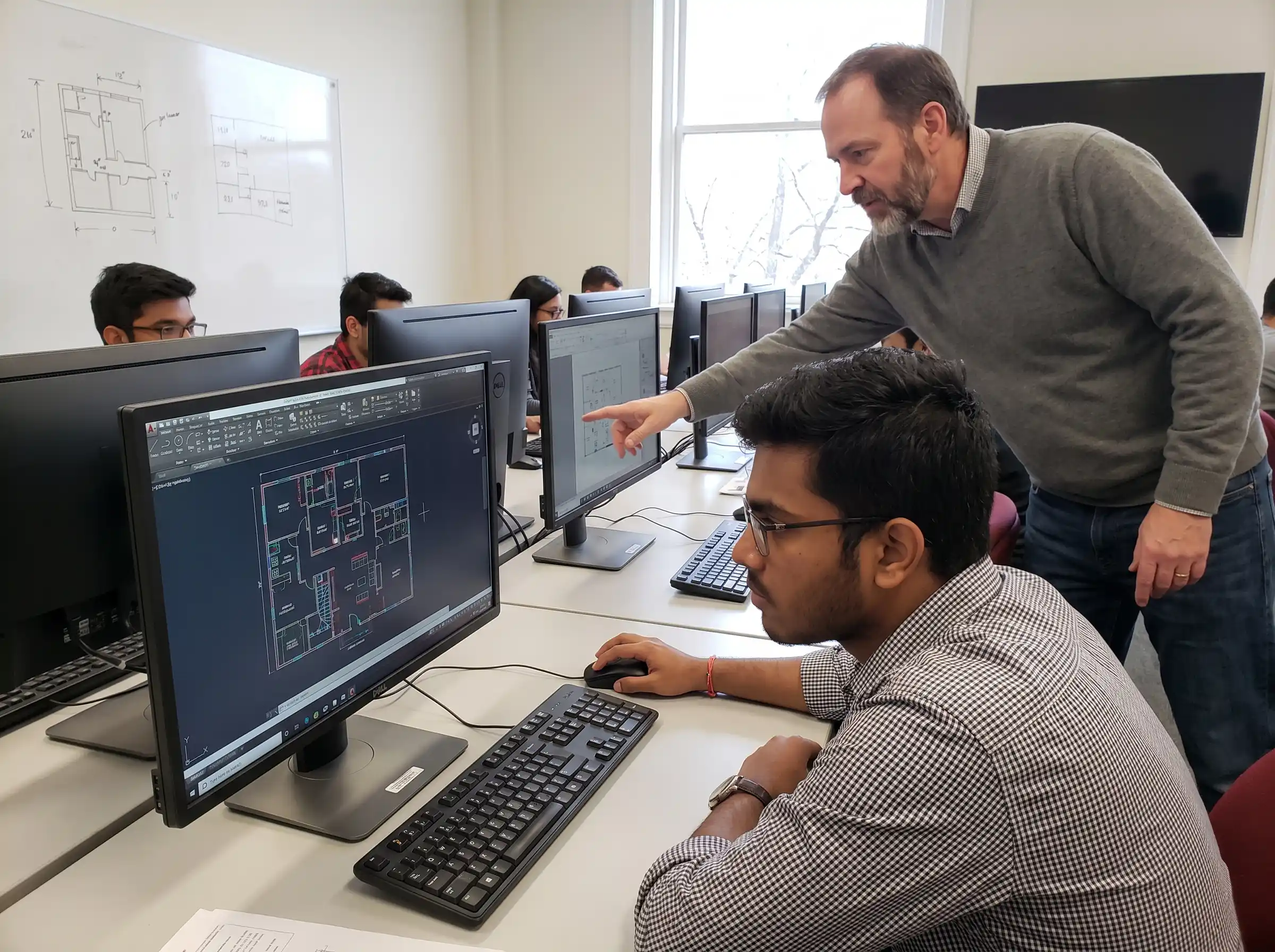 A young Indian male student diligently practicing 2D layouts on AutoCAD, with an instructor guiding him in the background.