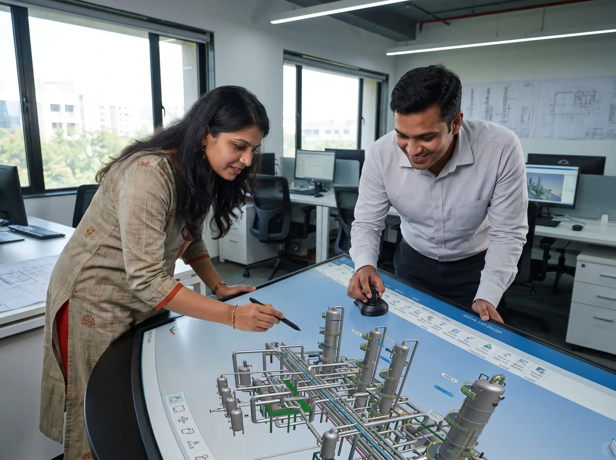 Professionals analyzing a digital twin during an AVEVA E3D Course in Thane.