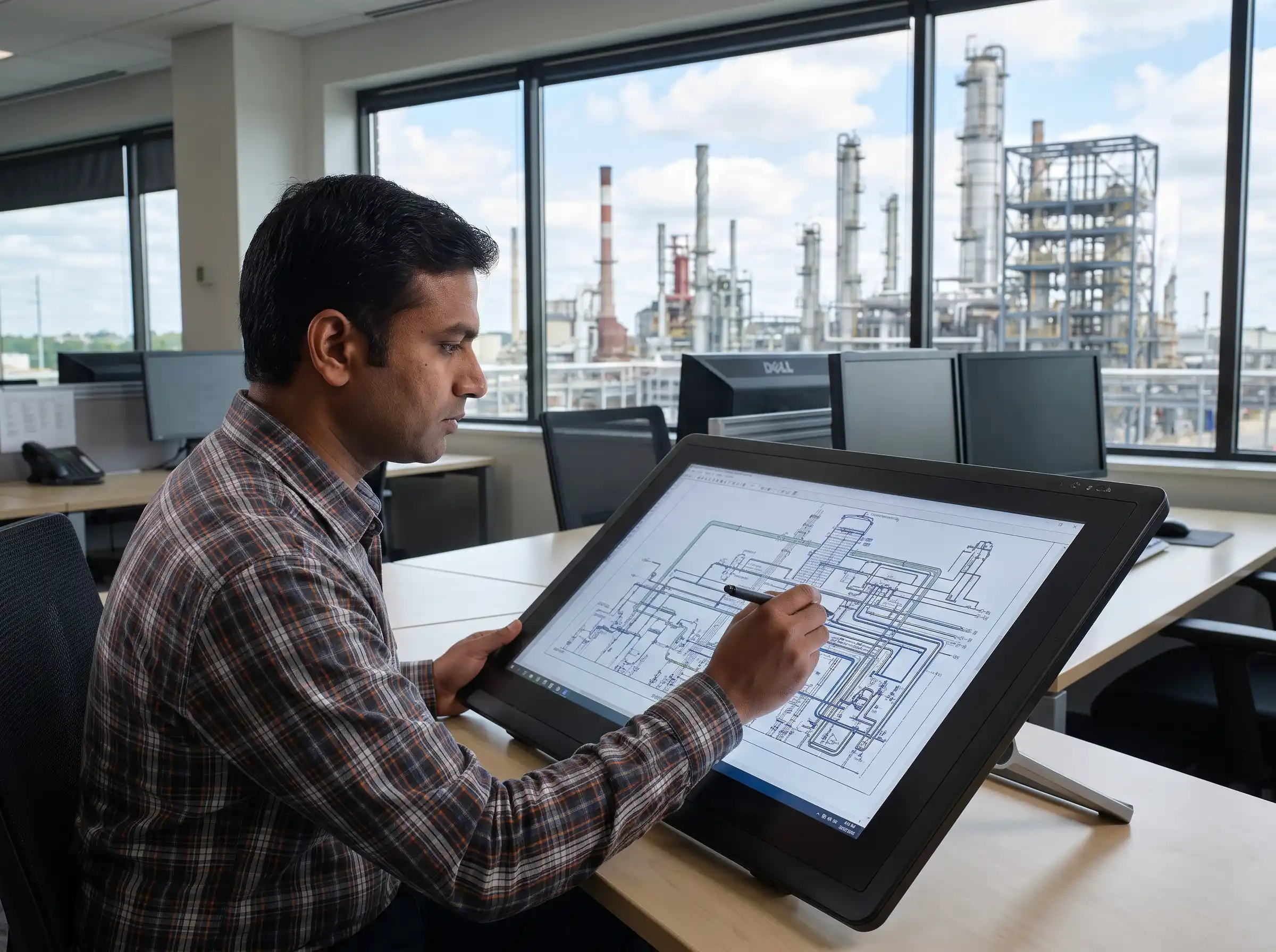 Indian design engineer drafting a complex industrial piping plot plan on a large digital tablet, with a manufacturing plant visible through the window.