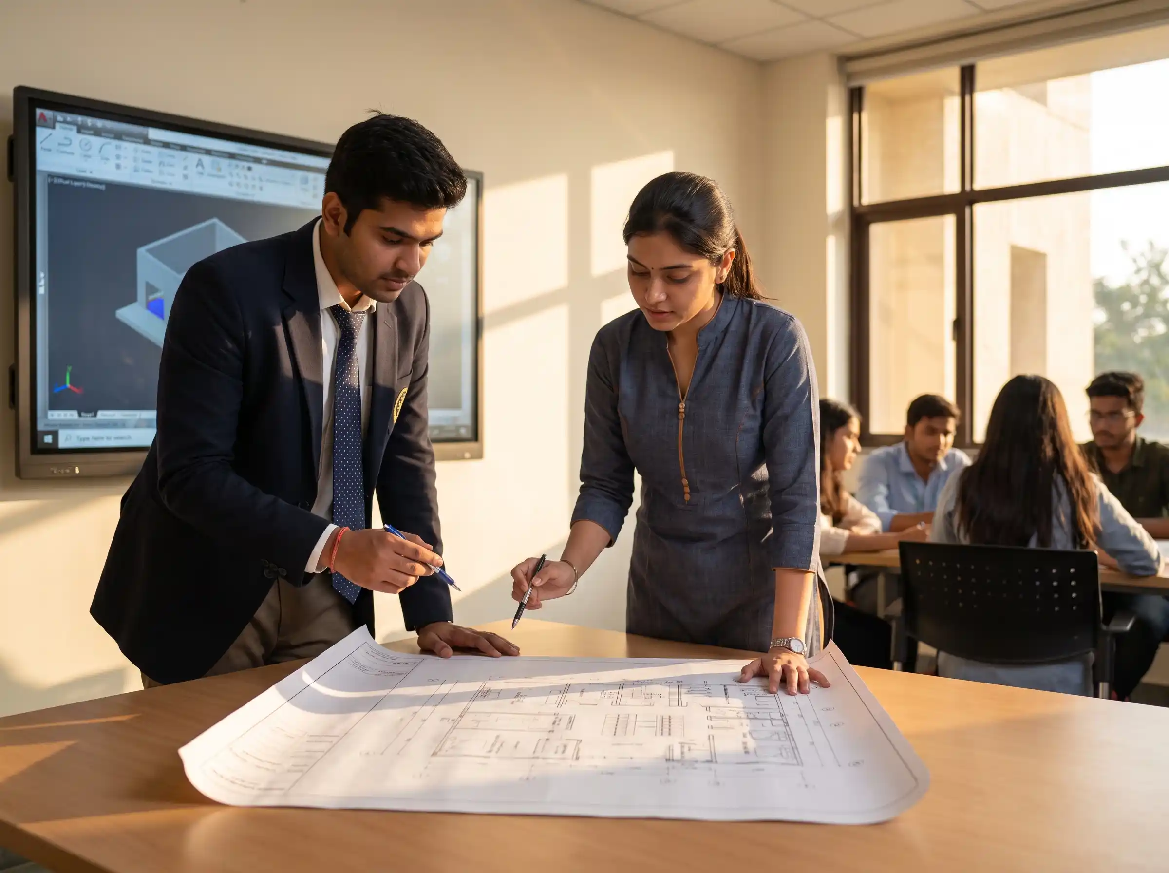 Indian engineering students collaborating on a design project at the best Piping Engineering Training Institute in Thane.