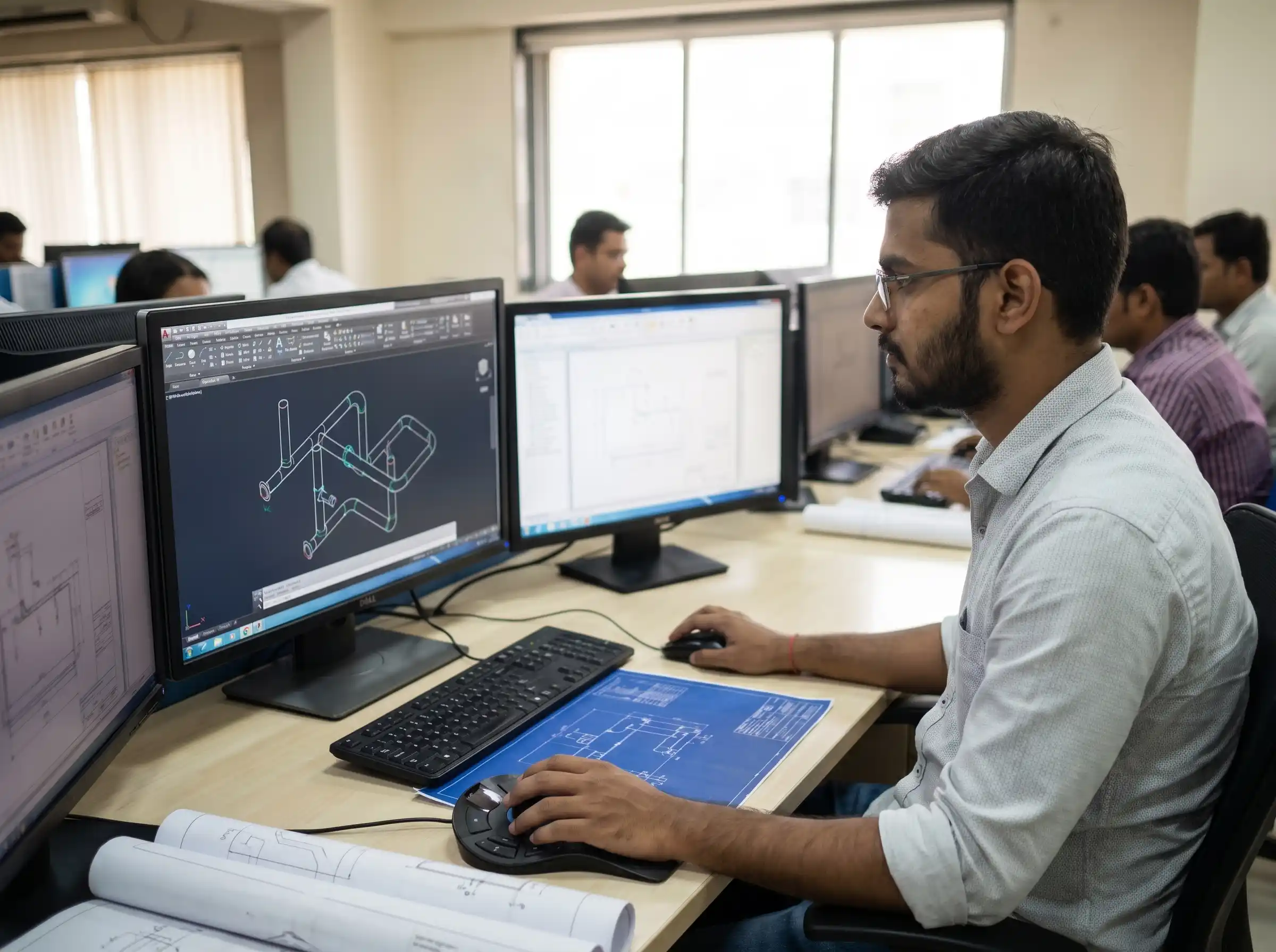 Student creating isometric drawings at the Piping Drafting Training Institute in Thane.