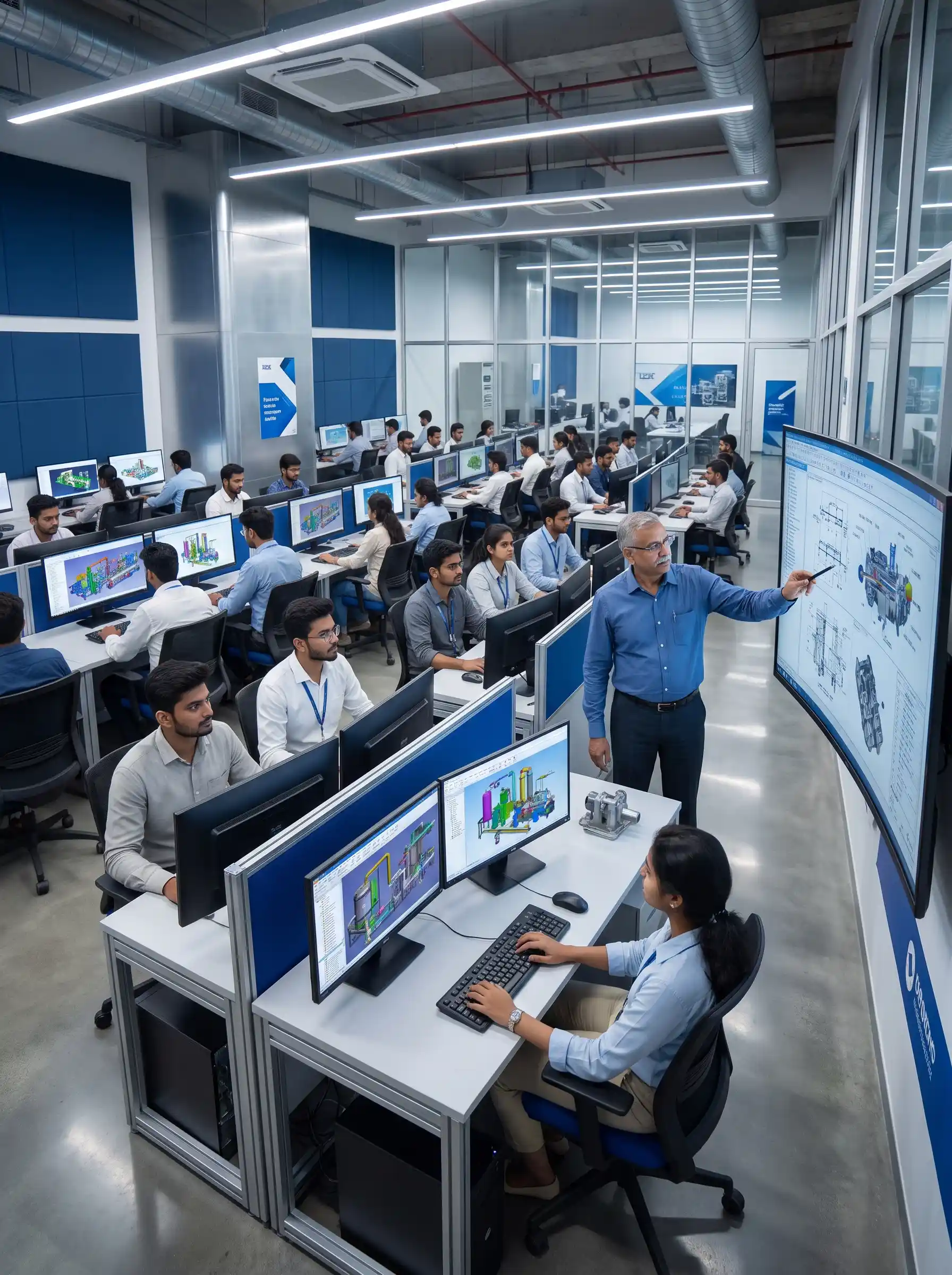 A modern Excel Technical Institute computer lab in Thane where Indian engineering students are actively working on complex 3D plant design software.