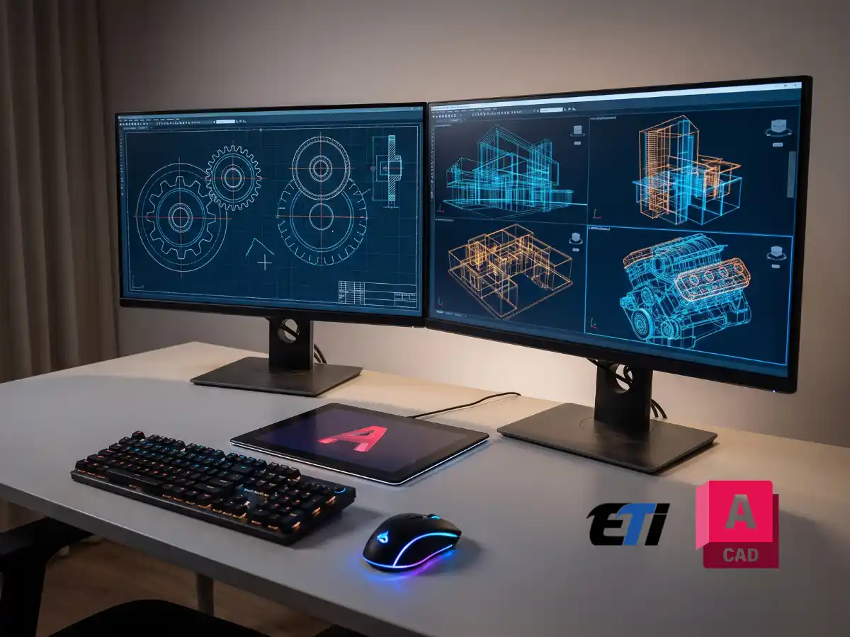 A high-end workstation running detailed 2D and 3D architectural and mechanical drafts, representing hands-on AutoCAD software training.