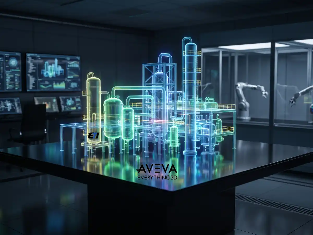 A futuristic, data-rich 3D holographic visualization of a chemical processing plant, highlighting the advanced modeling capabilities of AVEVA Everything 3D.