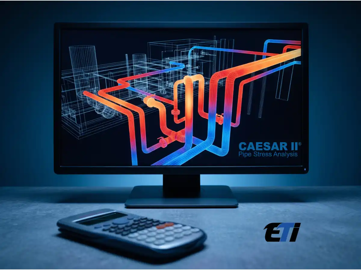 A vibrant thermal stress analysis heat map on an industrial piping network model, demonstrating load simulation in CAESAR II software training.