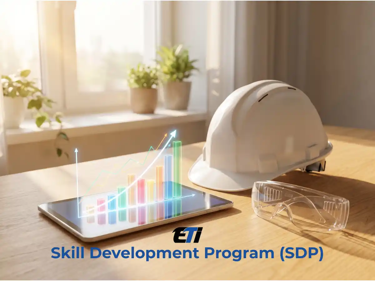 Engineering tools, a hard hat, and a tablet displaying technical growth charts arranged together, symbolizing industrial readiness through the ETI Skill Development Program.