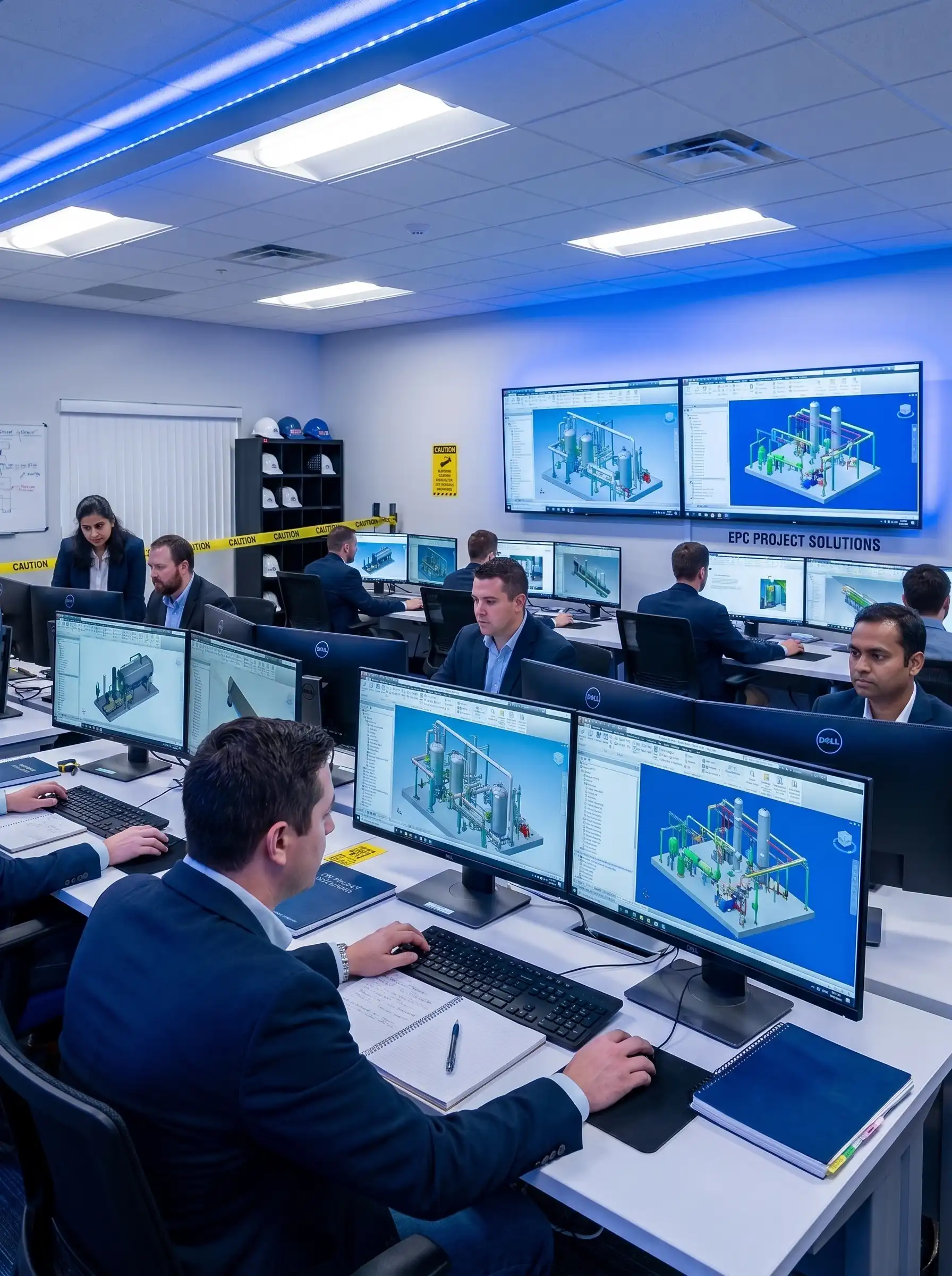 Engineering professionals collaborating on complex 3D plant design models at ETI's dedicated software workstations.