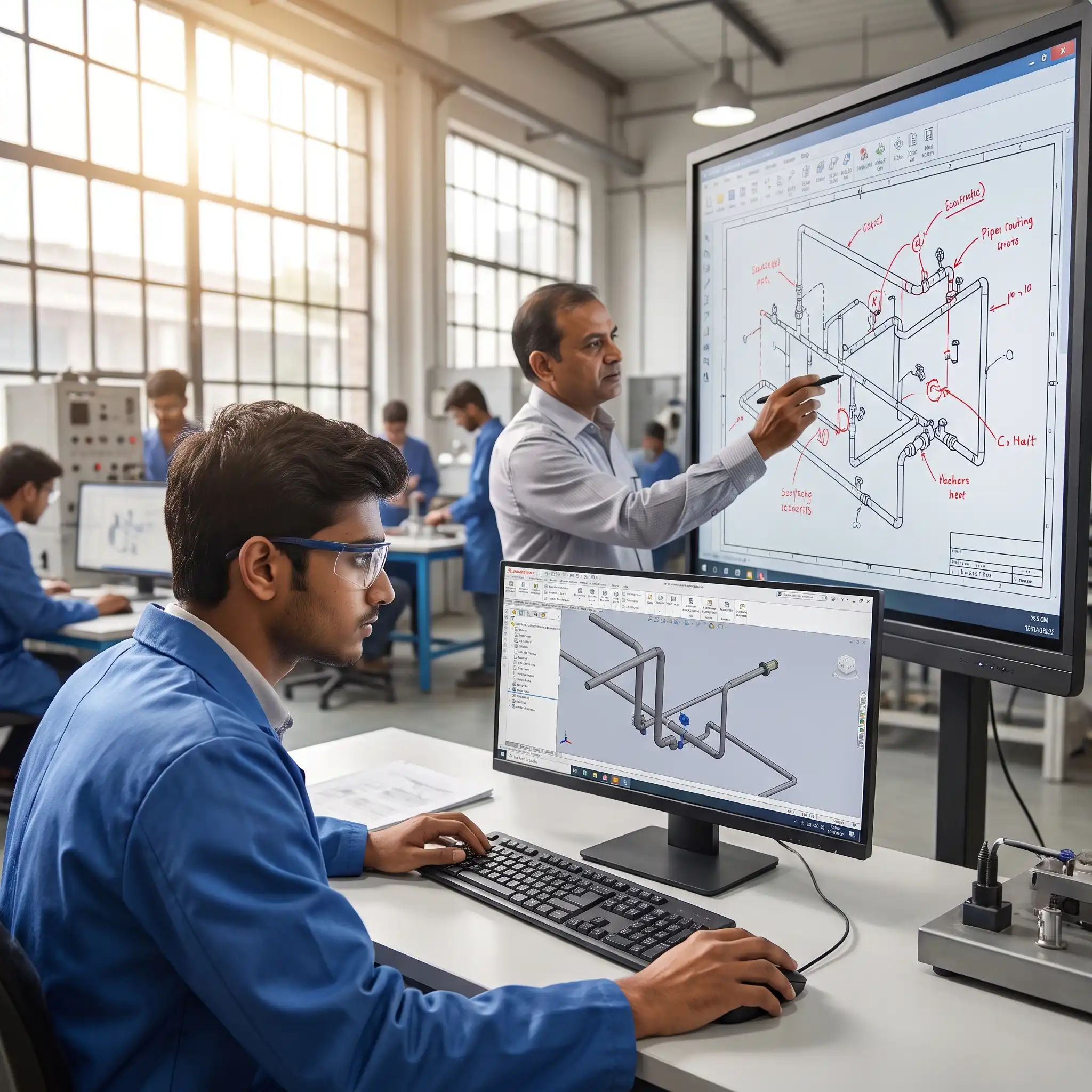 Indian engineering student applying 3D piping software in an ETI computer lab, while an instructor conducts a live case study review of an EPC project drawing in the background.