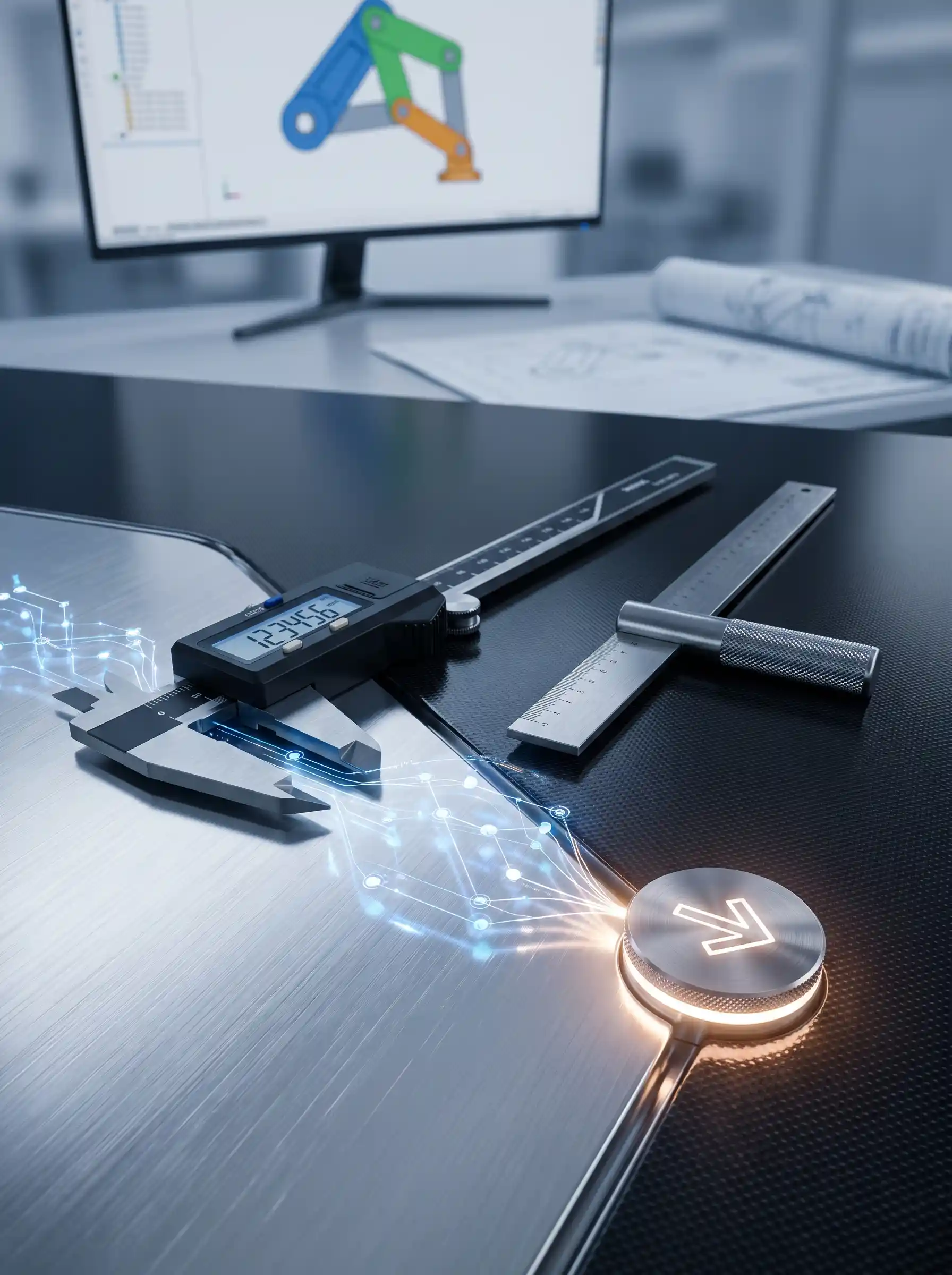 Close-up of premium engineering precision tools (calipers and T-square) on a polished surface, with a futuristic data-graph visualization and a stylized glowing arrow node symbolizing the direct transmission of precise technical inquiries for Excel Technical Institute.