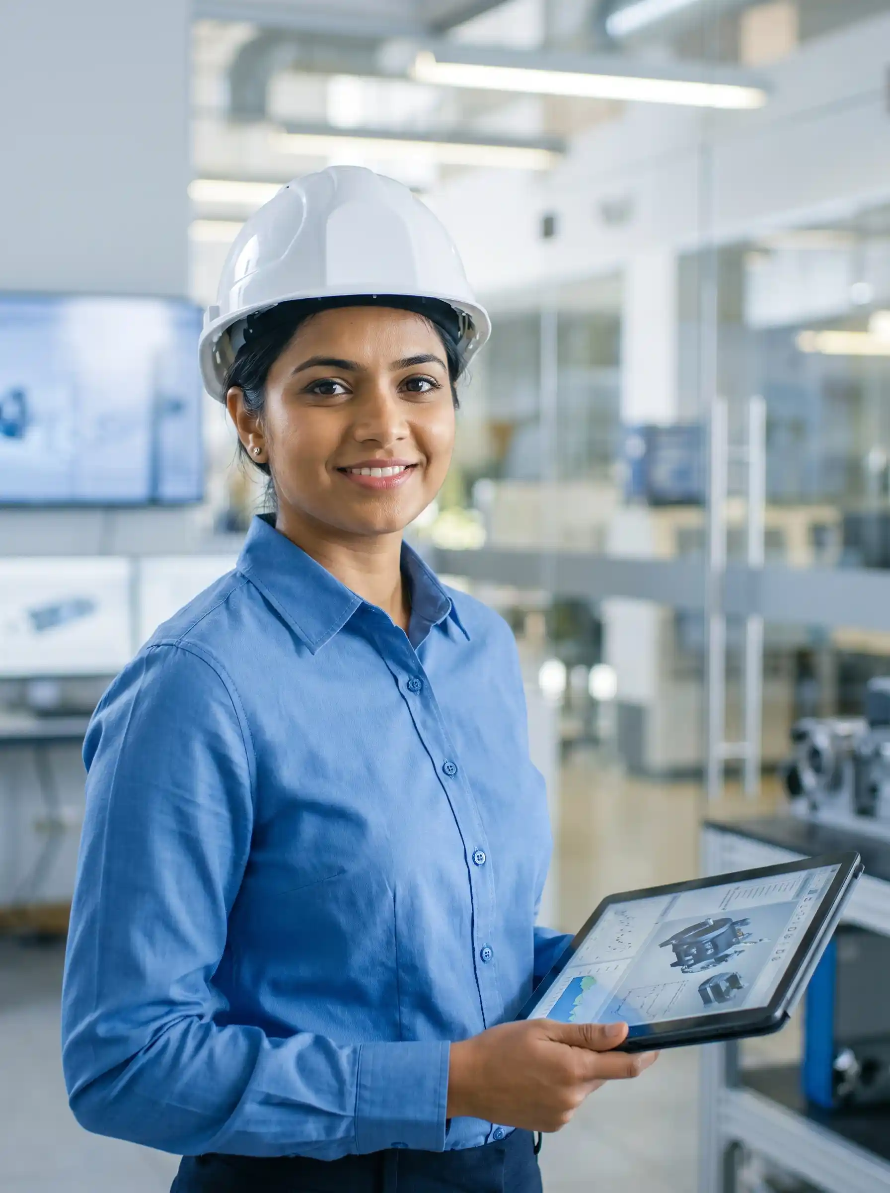 A confident, skilled engineering professional standing in an ETI technical workspace, ready for an advanced EPC career.