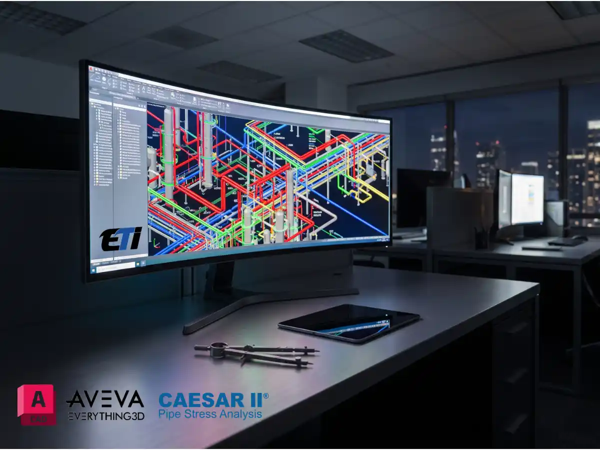 Advanced 3D visualization of a multi-level oil refinery piping layout on a large curved monitor, representing the comprehensive Master Diploma in Piping Engineering curriculum.
