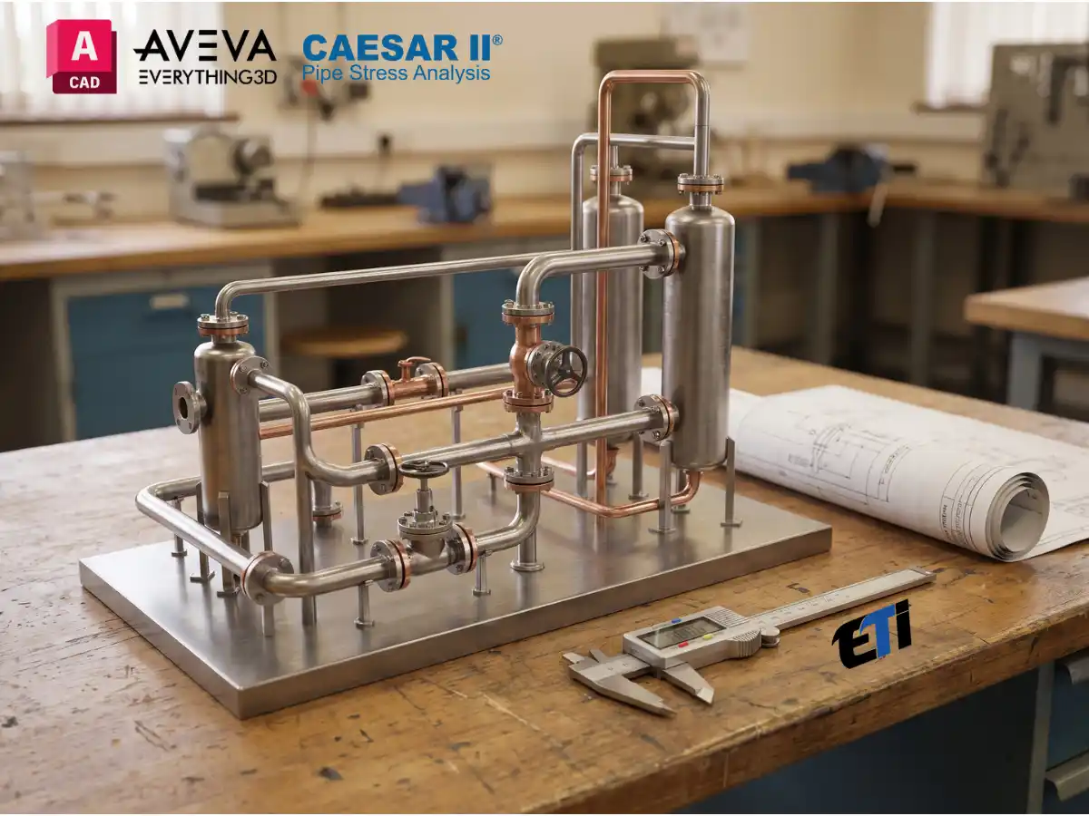 A highly detailed metallic scale model of an industrial piping network on an engineering desk, representing practical training in the Post Graduate Diploma in Piping Engineering program.