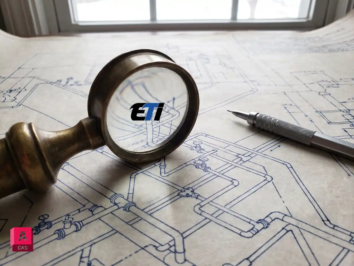 A crisp technical blueprint of a complex piping isometric drawing viewed under a magnifying glass, showcasing the precision skills taught in the Piping Draughtsman course.