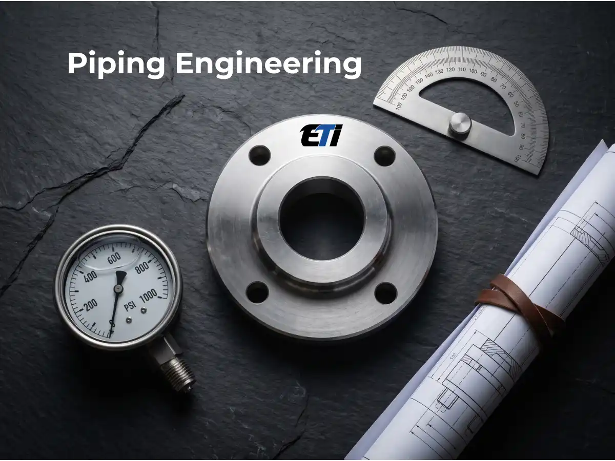 A collection of heavy-duty industrial steel pipe flanges and precise measurement tools arranged on a desk to illustrate core piping engineering fundamentals.