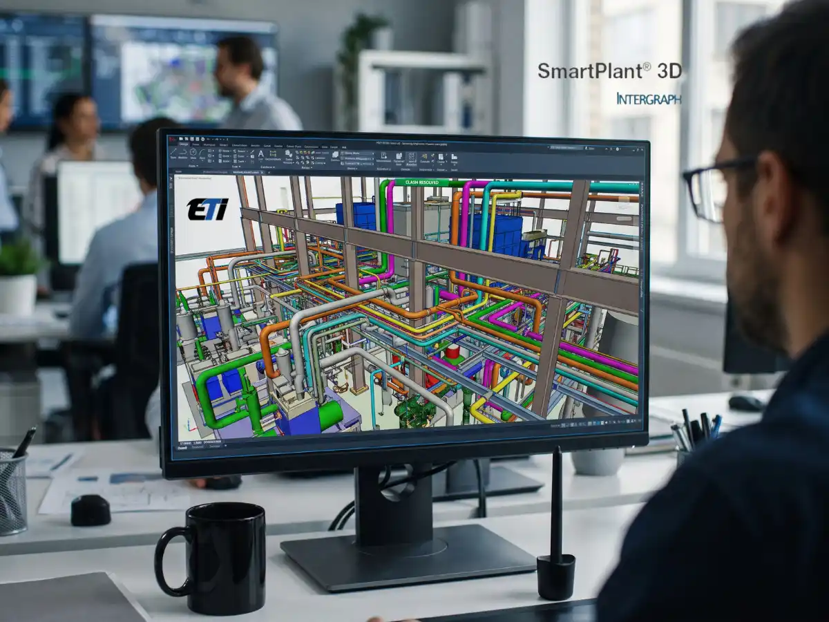 A highly automated, color-coded 3D model of a power generation facility on an engineering monitor, depicting SmartPlant 3D rule-based design training.