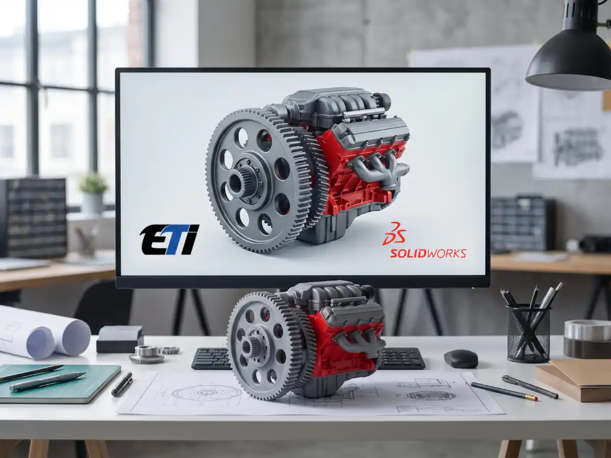 A highly detailed 3D mechanical gear assembly rendered on a computer screen alongside a physical 3D printed prototype for SolidWorks software training.