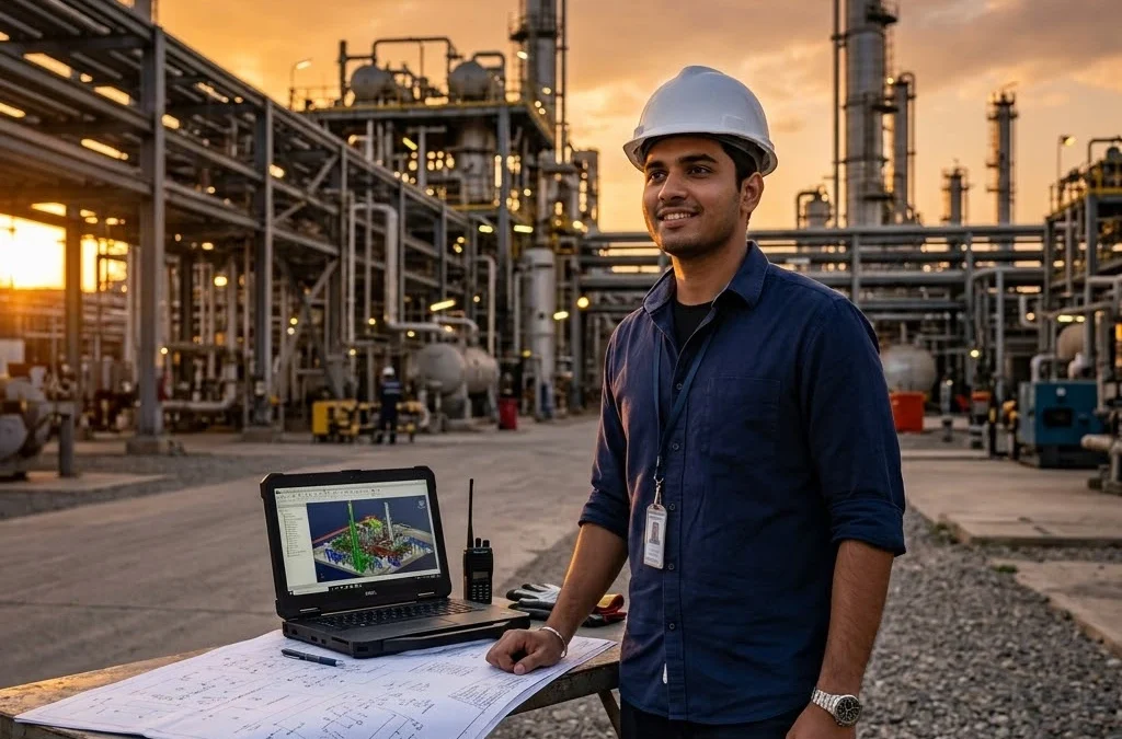 Piping engineer reviewing plant layout drawings and 3D model at a process plant in India