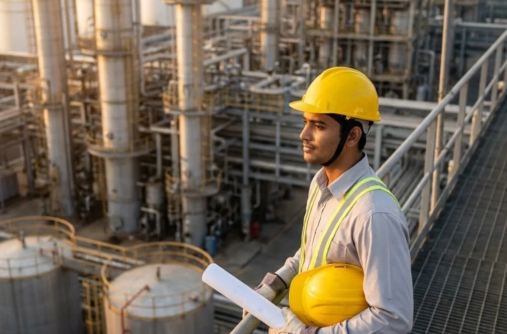 388 Piping Engineer inspecting pipeline network at industrial refinery site